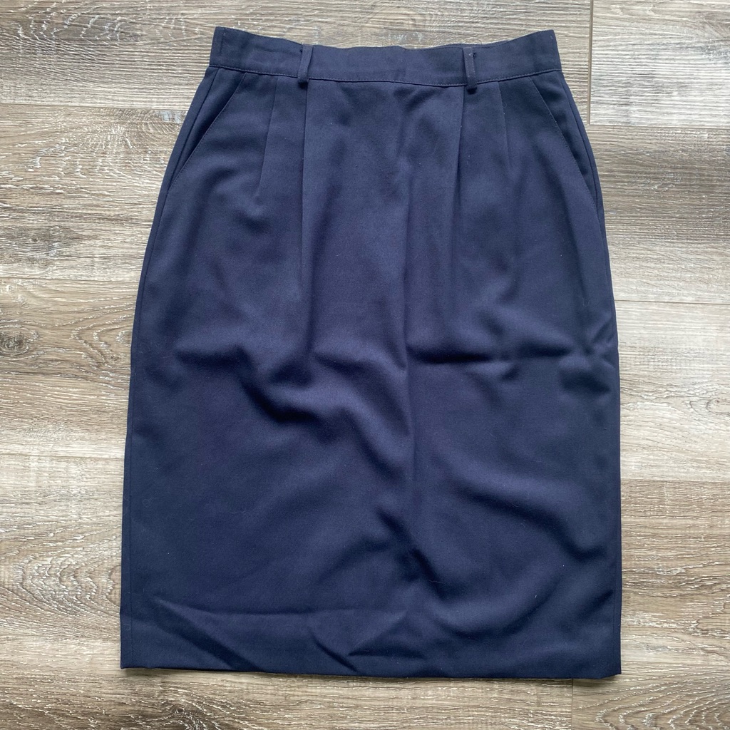 Vintage High Waisted Pleated Pencil Skirt In Navy With Pockets